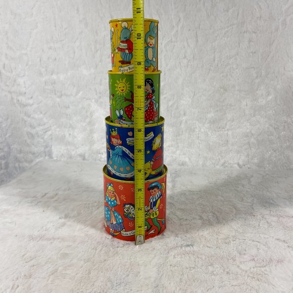 Rare Vintage Chad valley WEE-Kin Baby Toy Stacking Tins Nursery Rhymes set of 4 - Picture 2 of 16